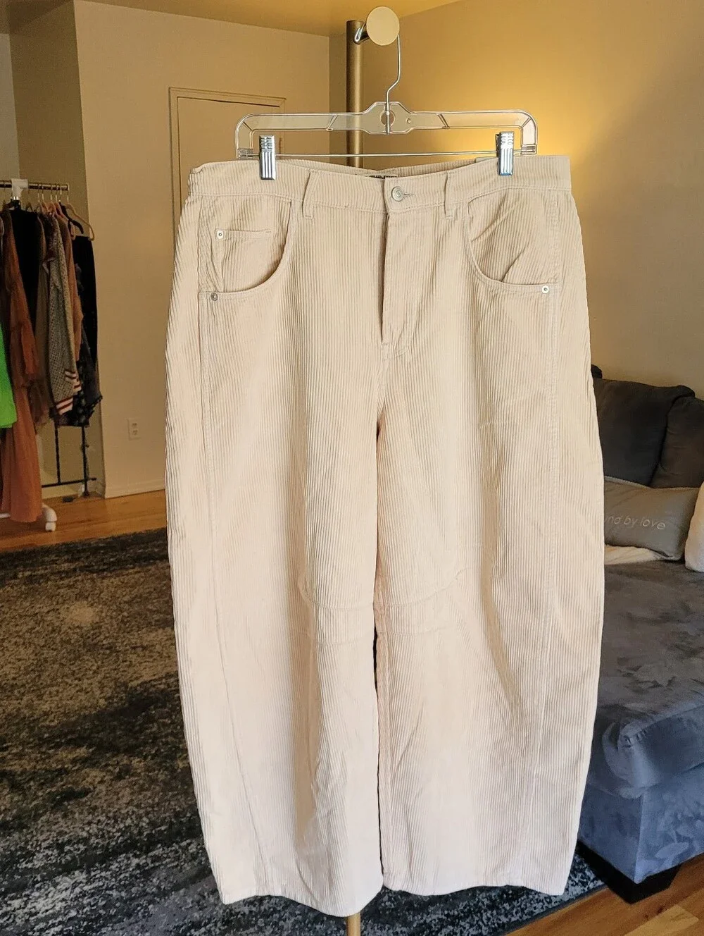 Free People We The Free Good Luck Mid-Rise Cord Barrel Pants Cream Beige Sz 31 - Picture 4 of 16